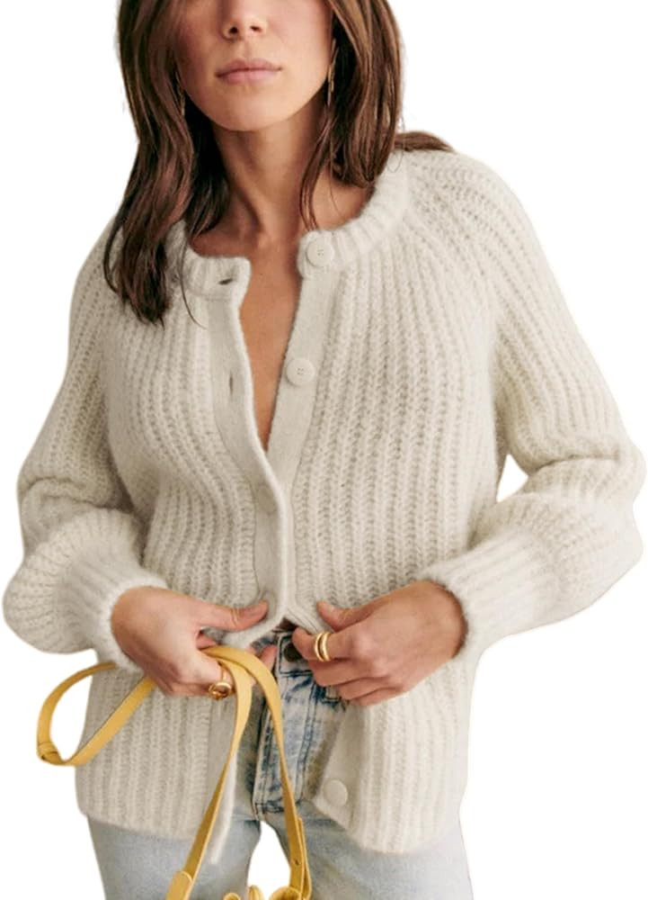 Bianstore Women's Casual Long Sleeve Crewneck Button Down Cardigan Sweater Knit Outwear(Apricot-S... | Amazon (US)