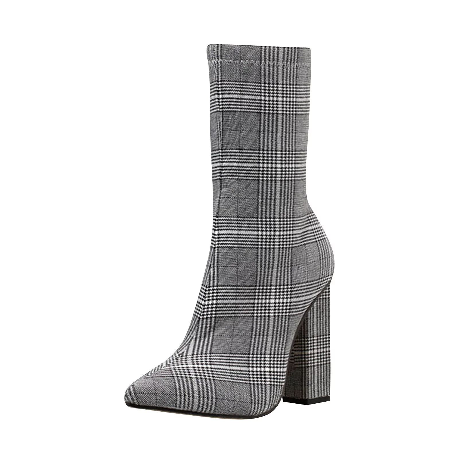 Women's All Match Comfortable Plaid Fabric Side Zipper Thick High Heeled Boots - Walmart.com | Walmart (US)
