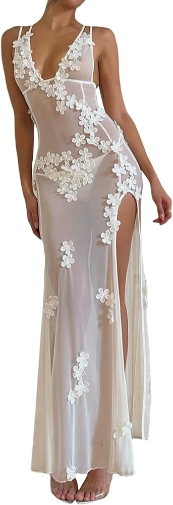 Sexy See Through Sheer Lace Maxi Dress Patchwork Backless Bodycon Long Dresses Beach Vacation Par... | Amazon (US)