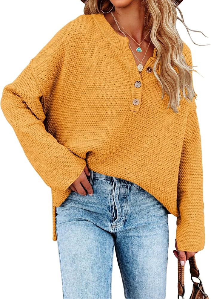 Saodimallsu Women's Oversized Sweaters Batwing Long Sleeve Loose V Neck Button Henley Tops Pullov... | Amazon (US)