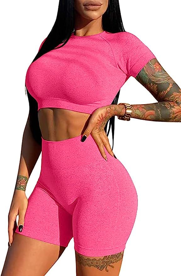 HYZ Women's Workout 2 Piece Outfits High Waist Running Shorts Seamless Gym Yoga Crop Top Sets | Amazon (US)