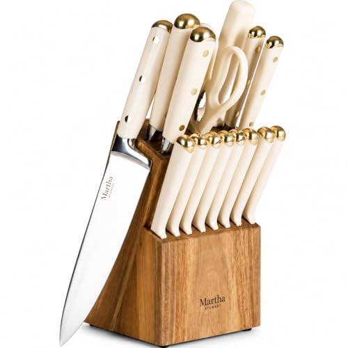 Martha Stewart Knife Block Set 16-Piece - Lockton High Carbon Stainless Steel Forged Full Tang Chef Knives, Acacia Wood Block, Triple Riveted Handles, Linen White & Gold | Amazon (US)