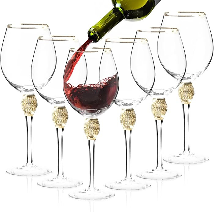 Premium Wine Glasses Set of 6 - Crystal Long Stem Wine Glass with Gold Rim & Rhinestone Design - ... | Amazon (US)