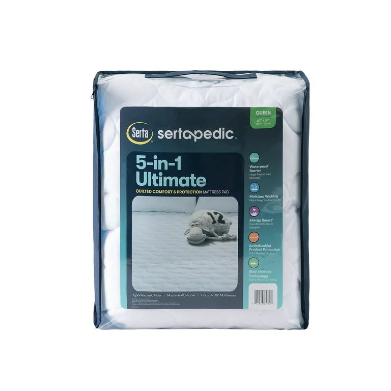 Sertapedic 5-in-1 Ultimate Quilted Comfort & Protection Mattress Pad, White, Queen | Walmart (US)