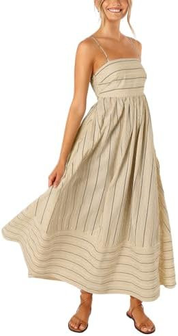 chouyatou - Vestido largo con espalda fruncida para mujer, a rayas, sexy, con tirantes delgados, ... | Amazon (US)
