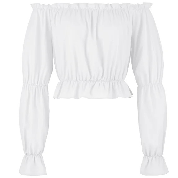 Neewe Women's Off Shoulder Ruffle Trim Puff Long Sleeve Tube Crop Blouse Shirt Top | Walmart (US)