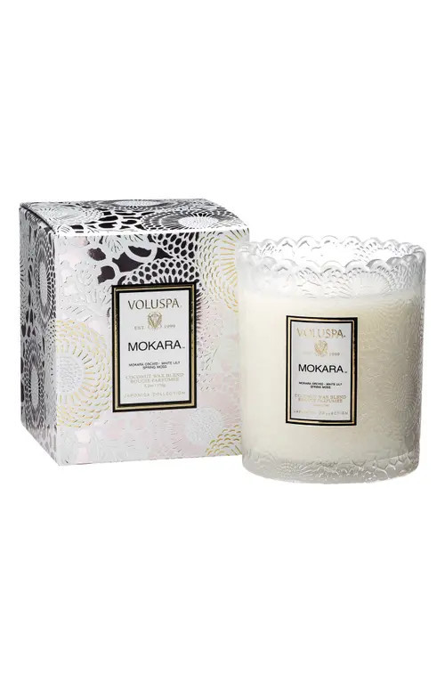 Voluspa Japonica Scalloped Edge Embossed Glass Candle in Mokara at Nordstrom | Nordstrom