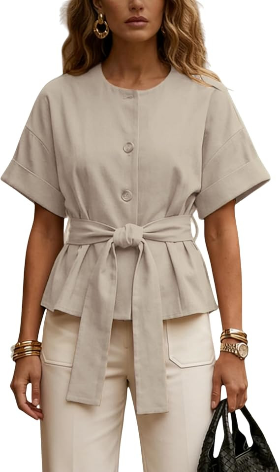 AMEBELLE Women's Belted Button Down Shirt Short Cuffed Sleeves Tie Front Blouse Crewneck Casual T... | Amazon (US)