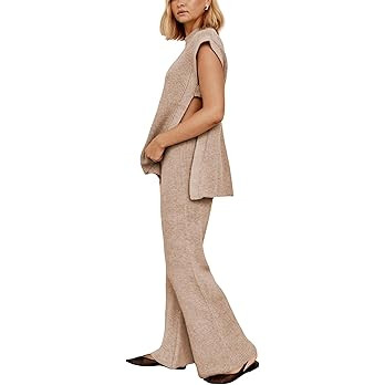 Lviefent Womens 2 Piece Outfits Sweater Set Sleeveless Side Slit Pullover Top Knit Wide Leg Pants... | Amazon (US)