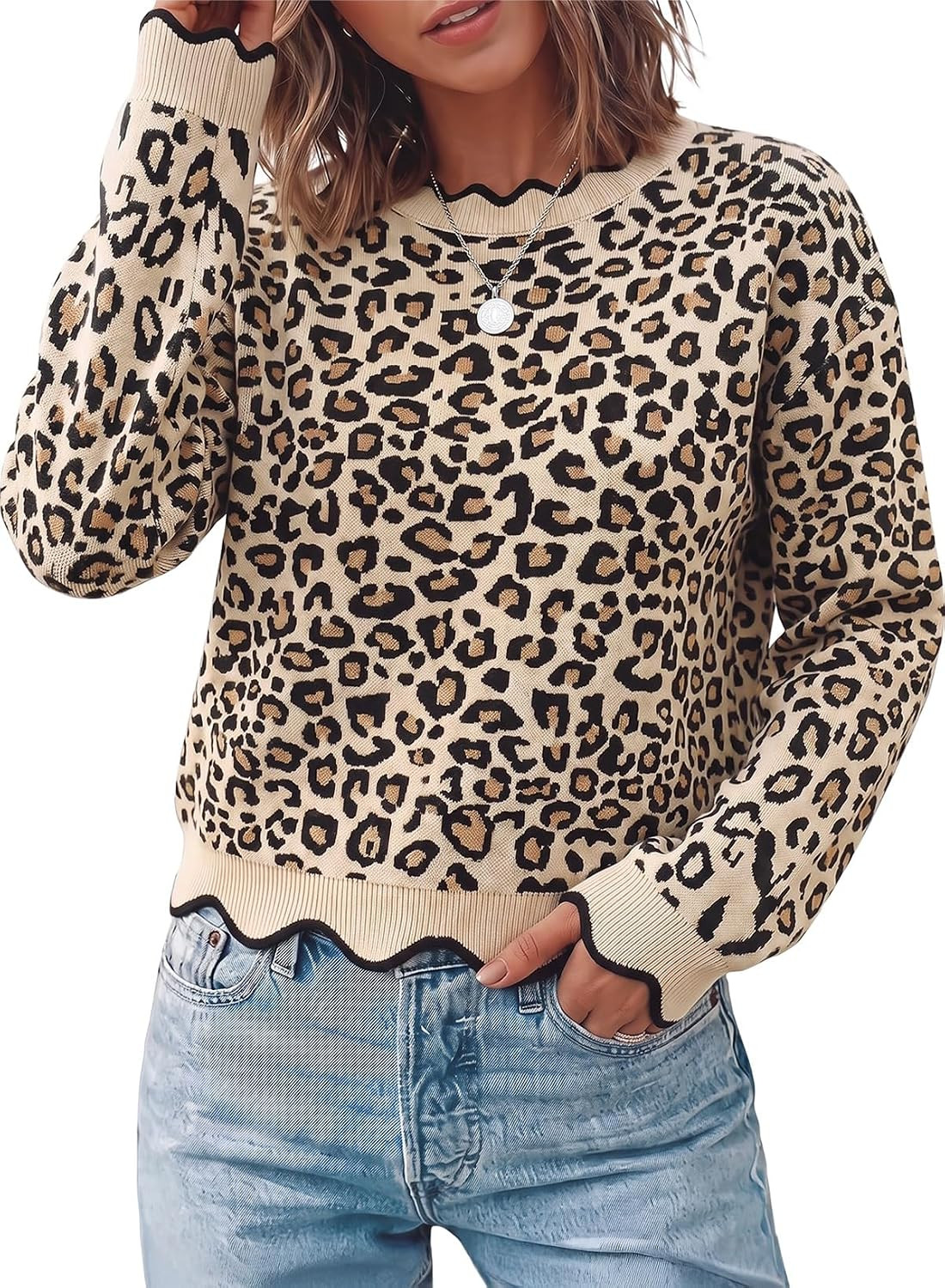 Dokotoo Womens Sweaters Long Sleeve Scalloped Trim Loose Fit Fall Outfits | Amazon (US)