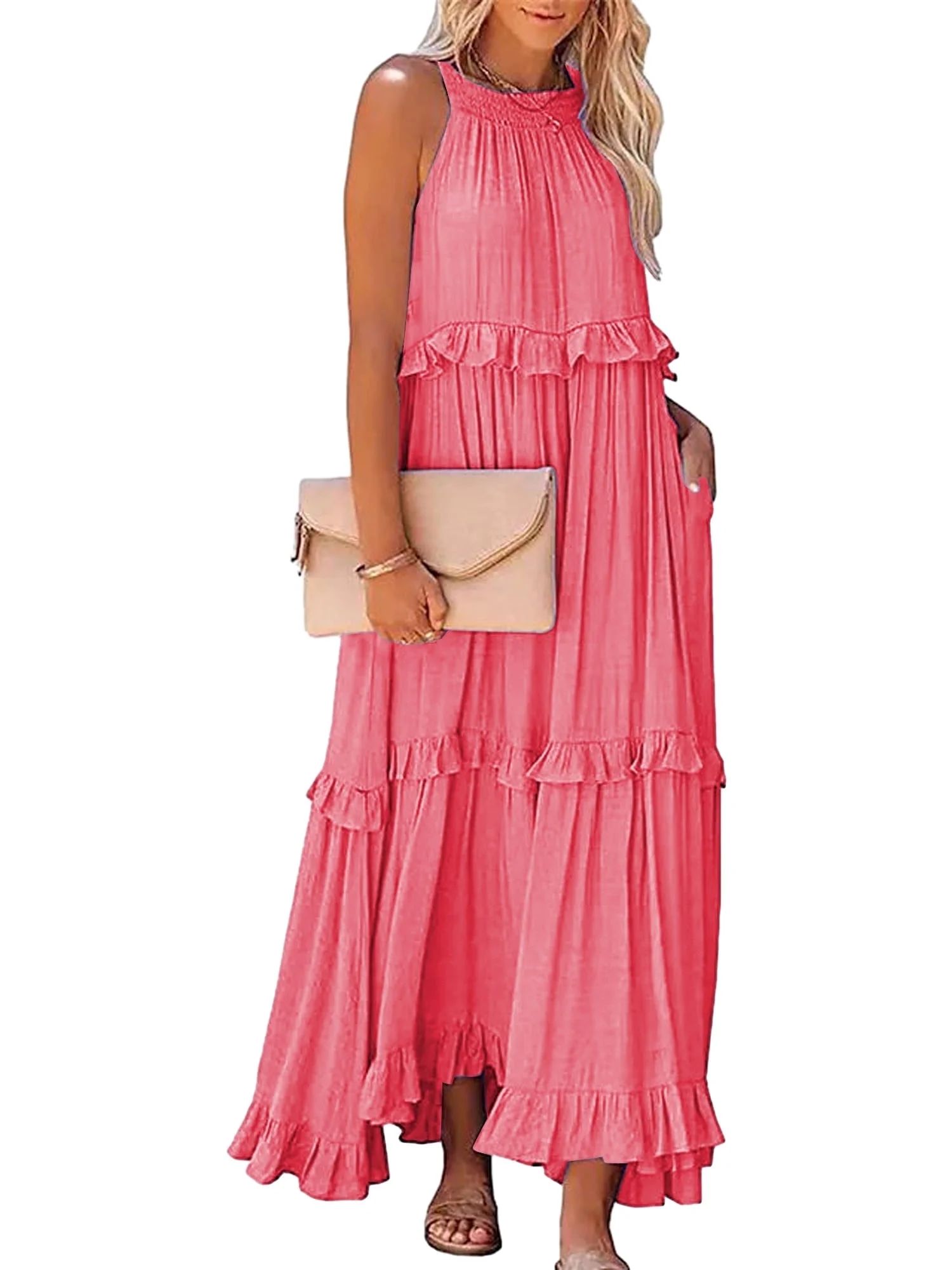 Anbech Women 2024 Ruffled Pleated Dress Flowy Long Sundress Sleeveless Boho Beach Party Dresses -... | Walmart (US)