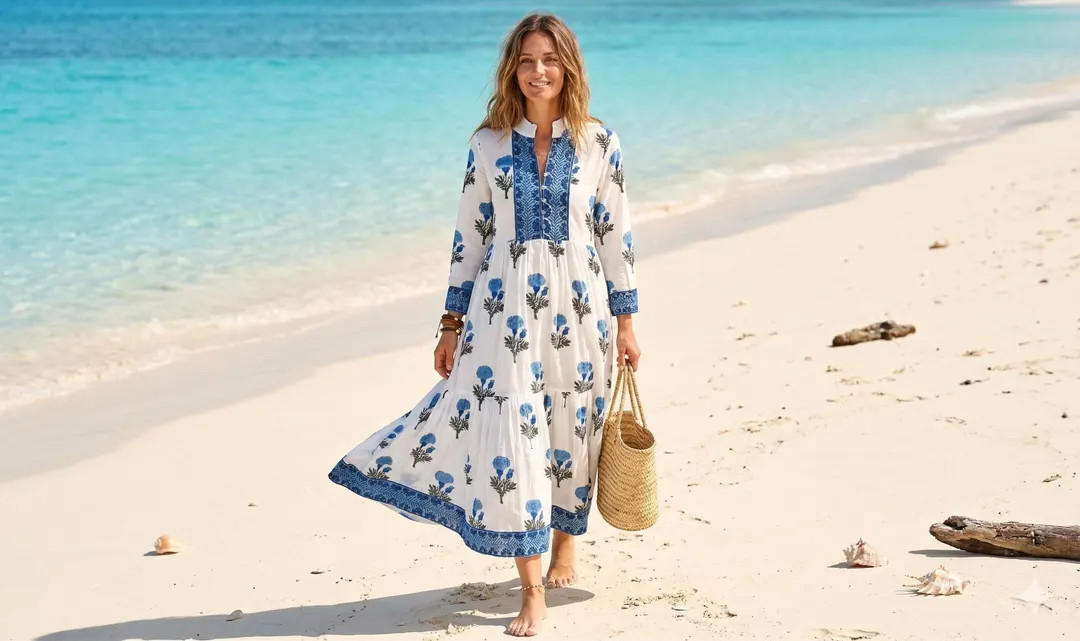 Blue Floral Block Print Cotton Maxi Dress \u2013 Bohemian Beach Dress With Relaxed Fit - Etsy | Etsy (Global)