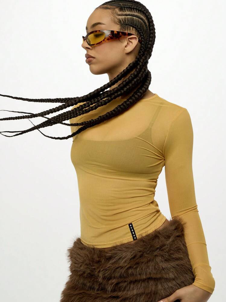 SUMWON WOMEN Mesh Long Sleeve Crop Top Y2K Fashion Transparent Layer Semi Sheer Fitted Dance Club Festival Party Fall Winter Layering Basic Essential | SHEIN