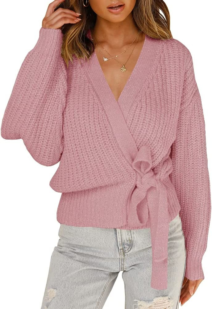 Foshow Womens Wrap Long Batwing Sleeve Sweaters Tops V Neck Belted Waist Tie Front Pullover Sweater  | Amazon (US)