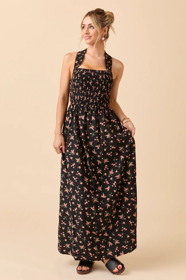 Jalissa Black Floral Criss Cross Back Maxi Dress | Pink Lily