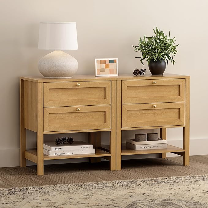 2 Drawer Nightstand Set of 2, Farmhouse Wood End Table with Open Shelf, Large Bedside Night Stand... | Amazon (US)