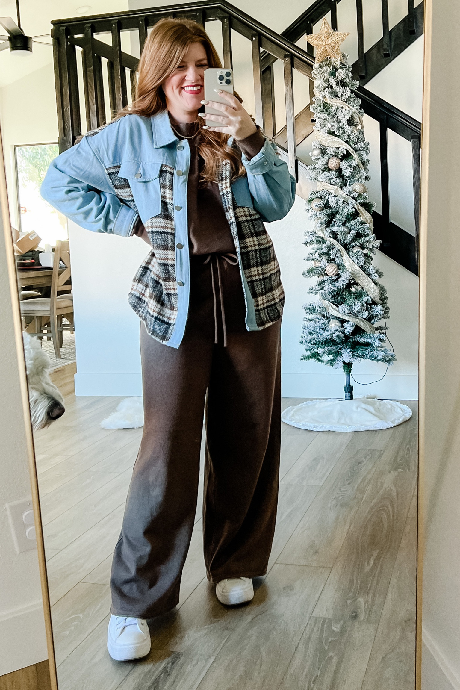 Denim shacket size medium paired with loungewear set from amazon size large. Lounge set. Winter outfit. Plaid shacket. 

#LTKstyletip #LTKsalealert #LTKunder50