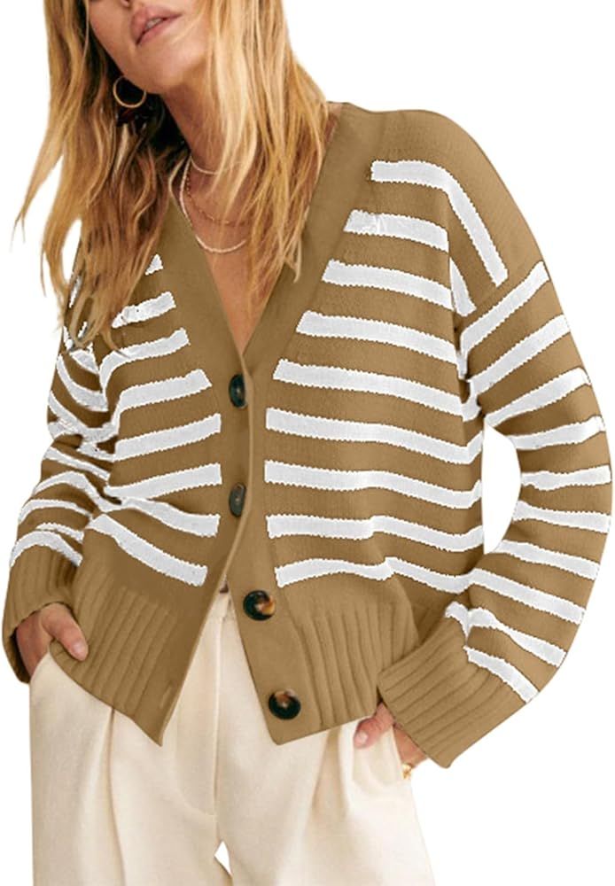 EVALESS Womens Striped Cardigan Sweaters Long Sleeve V Neck Lightweight Open Front Button Down Knit Cardigans | Amazon (US)