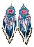 Handmade BeadsCorner Glass Beaded Fashion Boho Blue Extra Long Earrings Pink Rose Design (Blue) | Amazon (US)