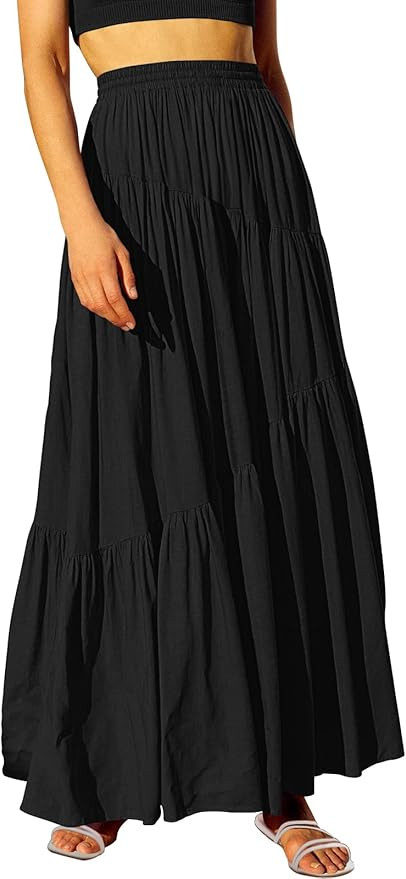 ANRABESS Women’s Boho Elastic High Waist Pleated A-Line Flowy Swing Asymmetric Tiered Maxi Long... | Amazon (US)