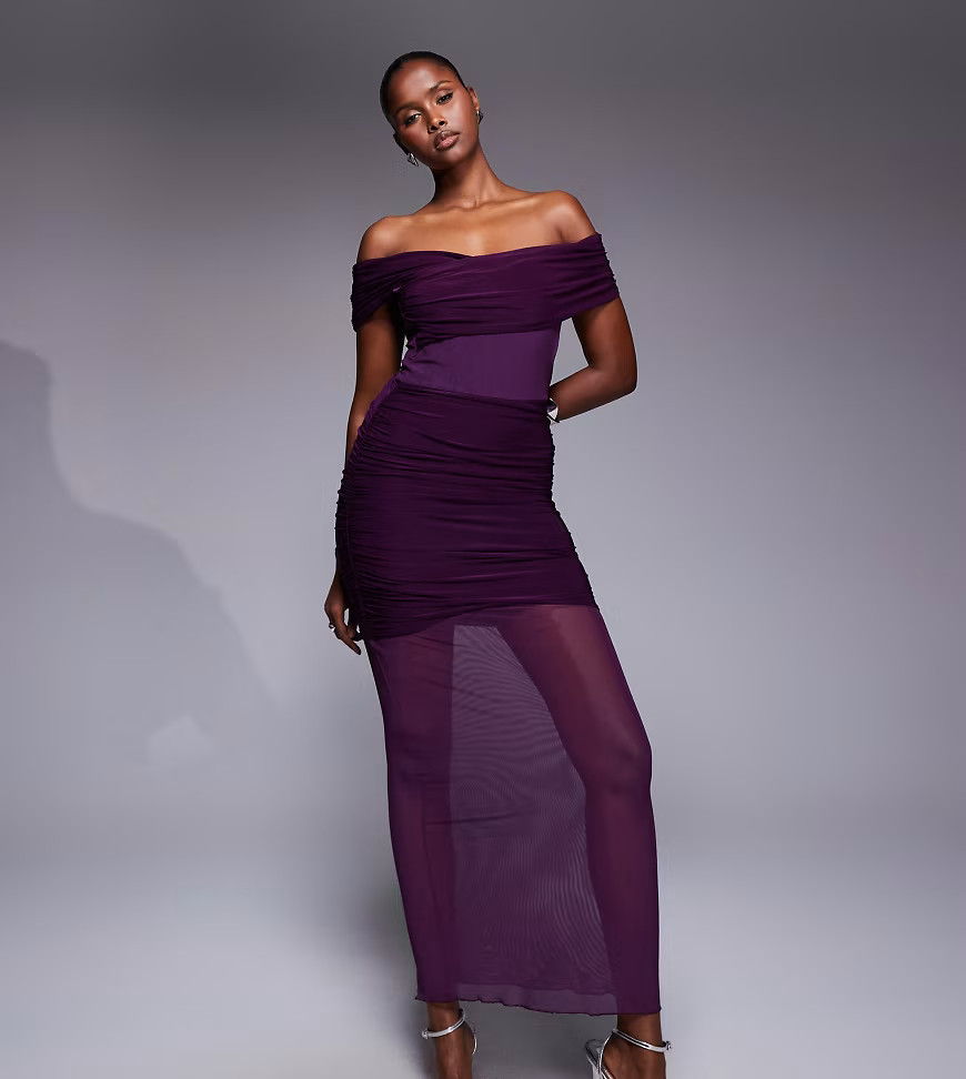 Kaiia exclusive double layered slinky off shoulder sheer mesh hem maxi dress in plum-Purple | ASOS (Global)