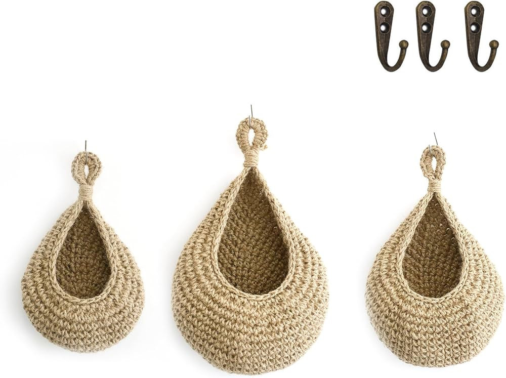 Handmade Hanging Fruit Baskets for Kitchen, 3pcs Boho Wall Hanging Storage Basket with Hooks, Han... | Amazon (US)