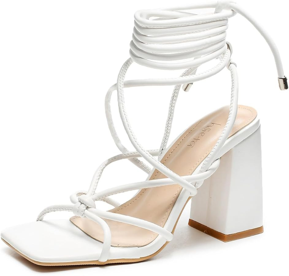 Womens Strappy Heels Lace Up Chunky Heel Sandals, Cute Block Heel Wrap Sandals for Women Dressy S... | Amazon (US)