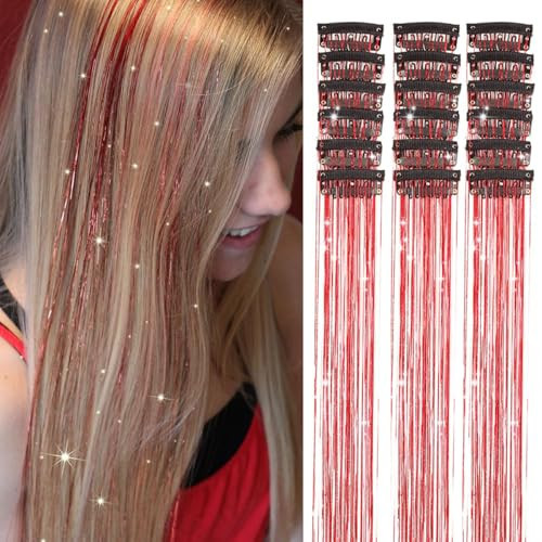 ShowJarlly Red Hair Tinsel 18 Pcs Clip in Hair Tinsel Kit for Girls 20 Inch Glitter Hair Extensions Heat Resistant Colored Hair Extensions for Kids Clip Ins Festival Accessories for Women | Amazon (US)