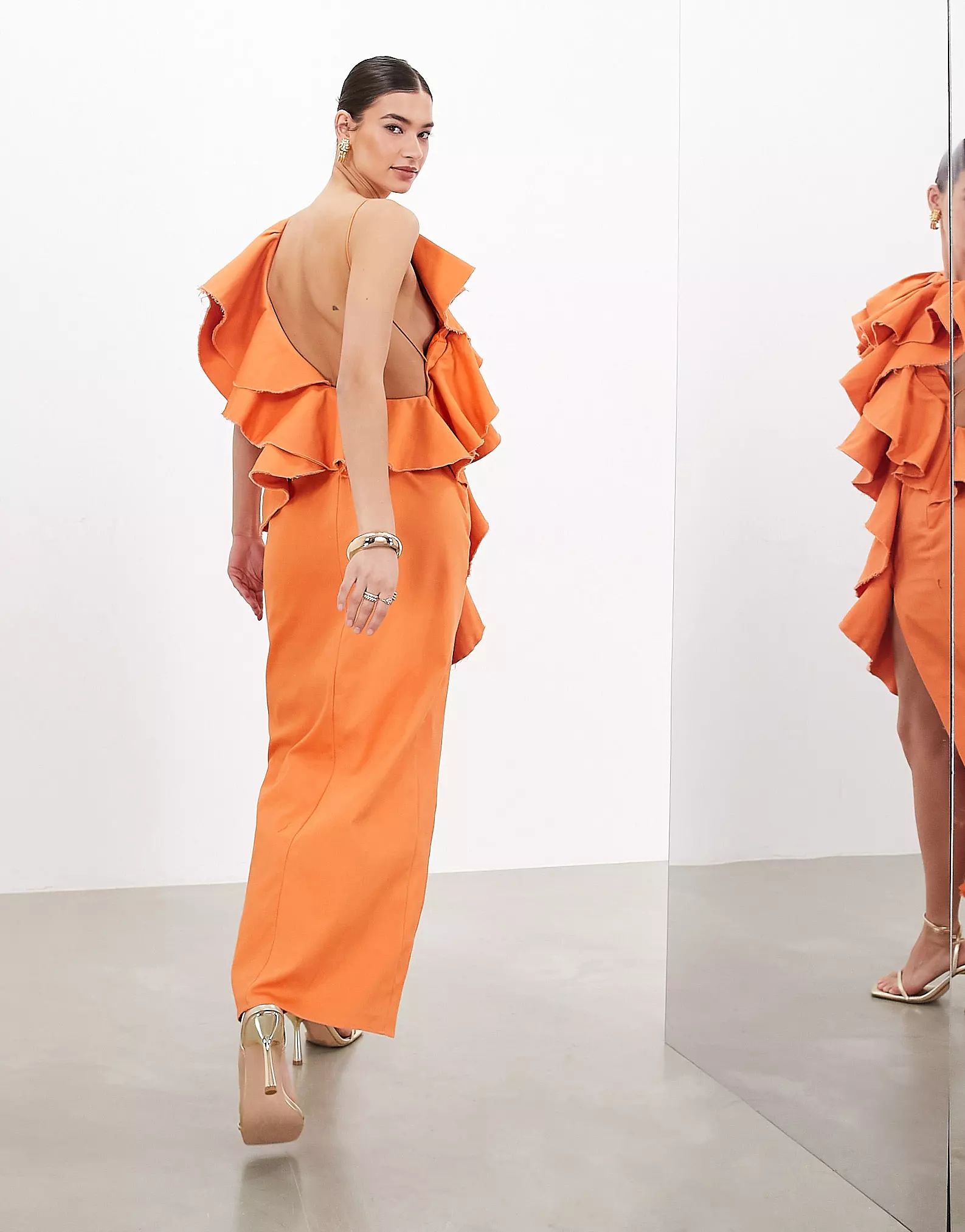 ASOS EDITION premium raw edge one shoulder ruffle maxi dress in orange | ASOS (Global)
