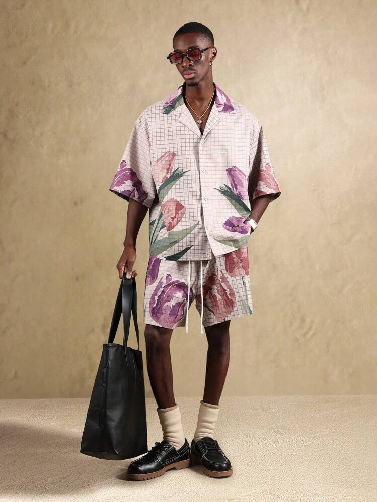 SUMWON Resort Style Floral Tulip Print Grid Pattern Relaxed Fit Button Down Short Sleeve Shirt Matching Shorts Summer Holiday Beach Casual Set | SHEIN