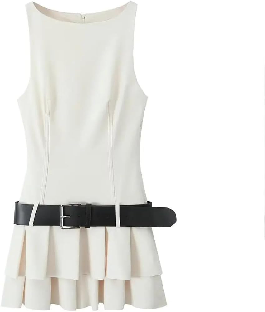 Woman Vintage High Waist Back Zipper Pleated Dress Crew Neck Sleeveless Belt Slim Mini Dress | Amazon (US)