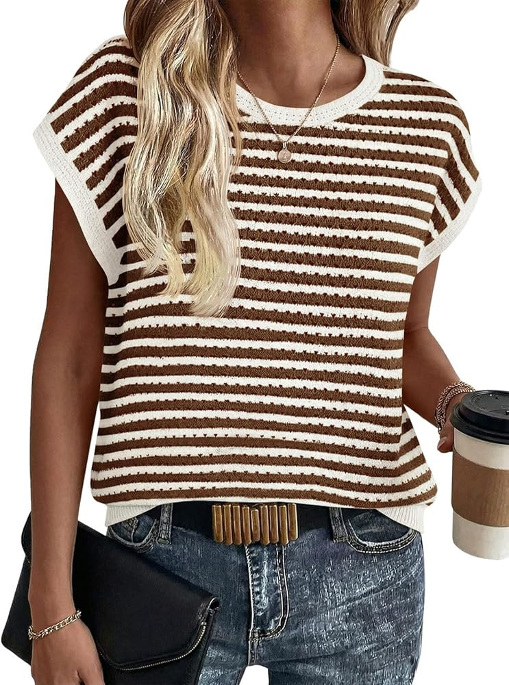 Saodimallsu Womens Short Sleeve Sweater Summer Striped Crochet Tops Casual Cap Sleeve Crewneck Kn... | Amazon (US)