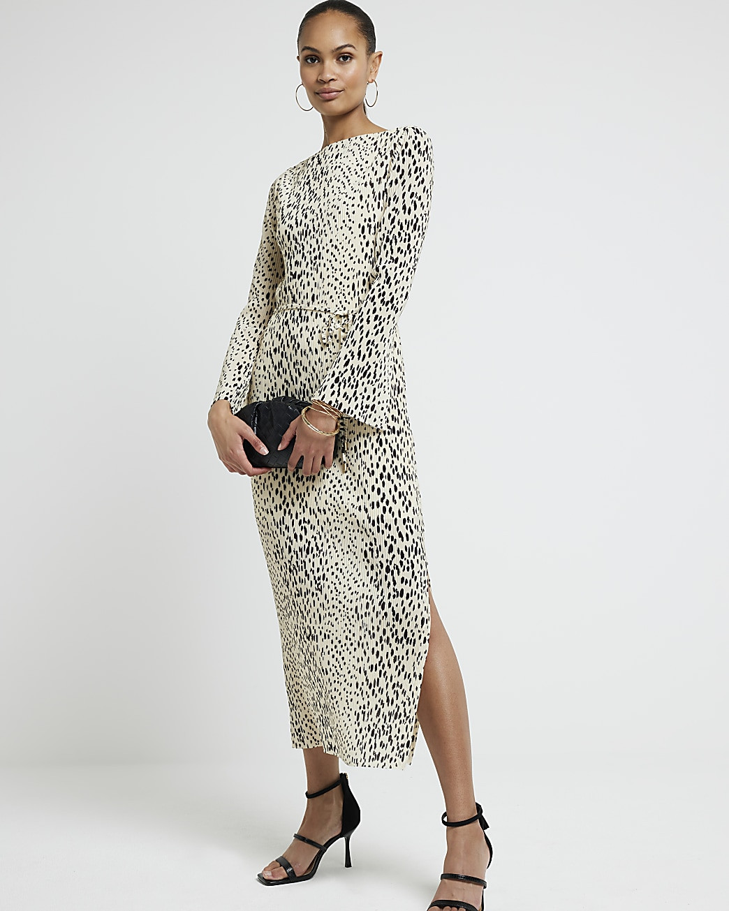 Beige plisse leopard print bodycon midi dress | River Island (UK & IE)