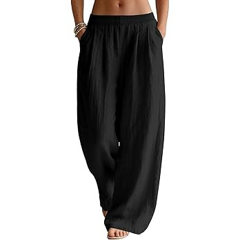 LOMON Linen Pants Women Wide Leg Palazzo Summer Flowy Pants Beach Vacation Clothes Elastic Waist ... | Amazon (US)