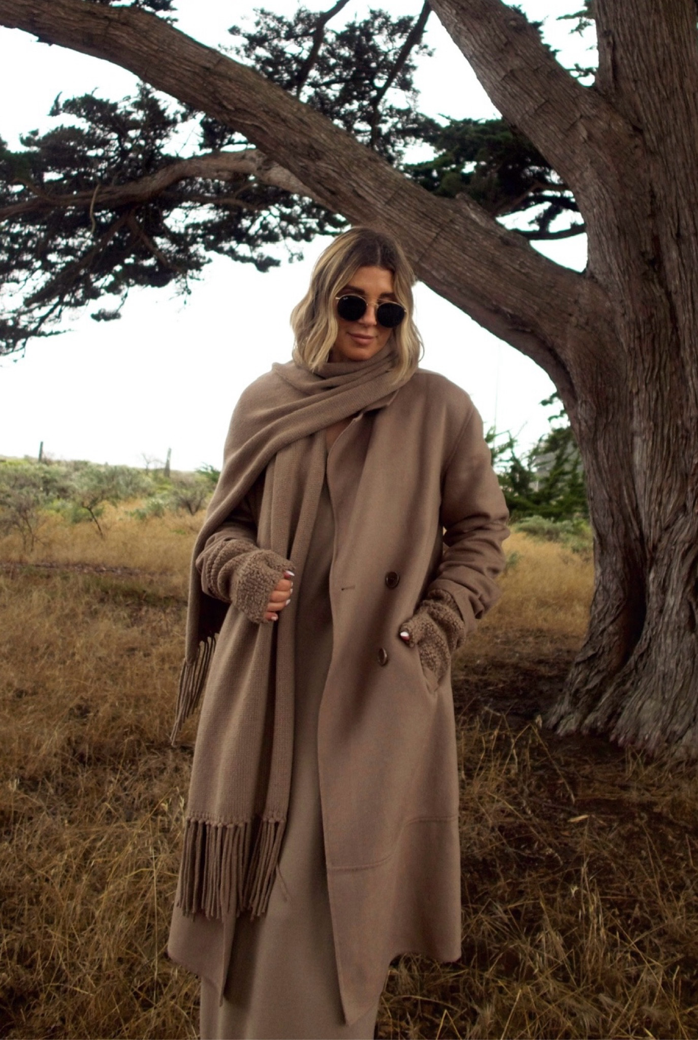 Classic camel wool coat and matching sweater dress 