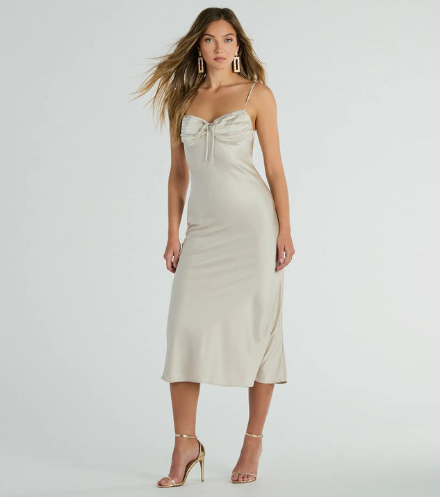 Perfectly Poised Pleated Open Back Satin Midi Dress | Windsor Stores