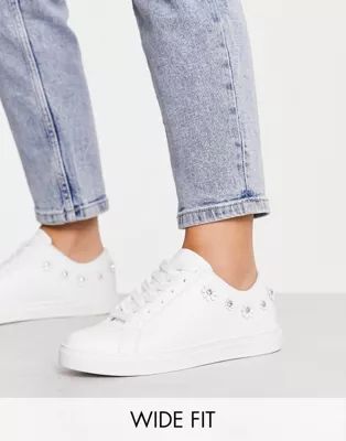 ASOS DESIGN Wide Fit Dawn lace up sneakers with flower trims in white | ASOS (Global)