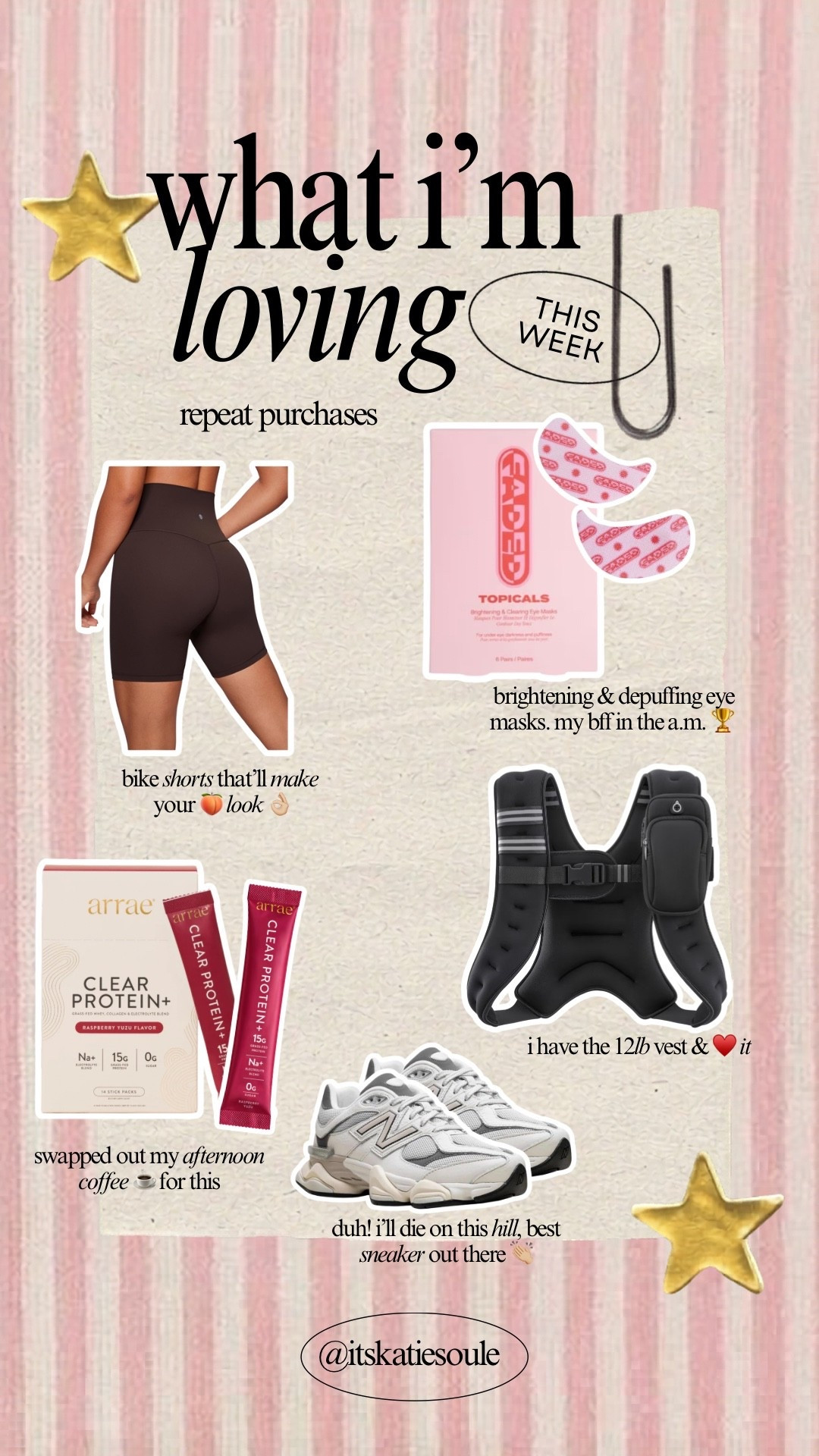 What I’m loving this week - Amazon Edition. 


Bike shorts, mom outfits, weighted vest, new balance sneakers, new balance 9060, dad shoes, eye masks, depuffing eye mask, arrae protien, women’s protein product 

#LTKOver40 #LTKBeauty #LTKmomlife