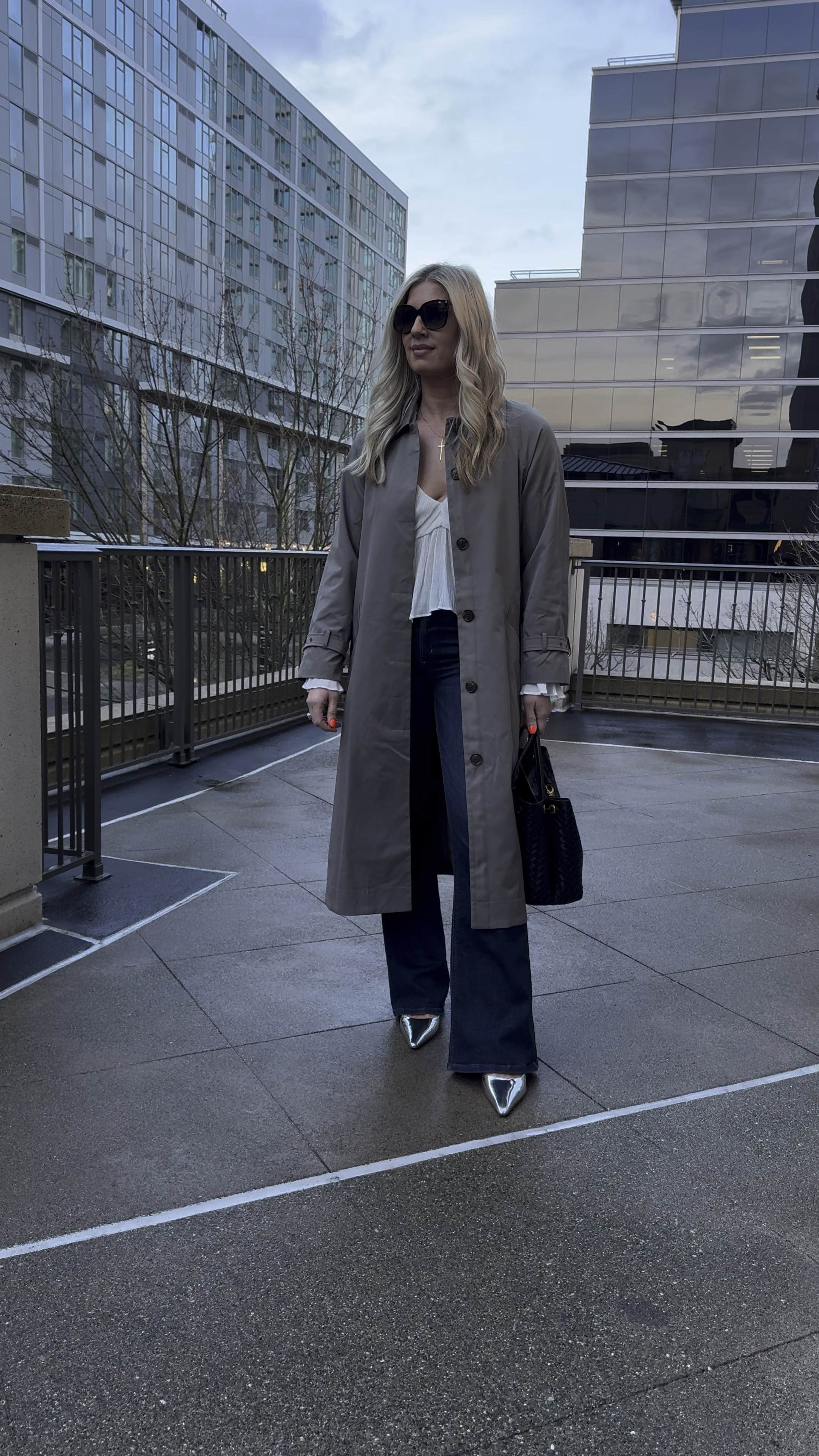 Silver shoes 
Trench 
Dark denim 
Amazon bag 
Date night look 

#LTKStyleTip #LTKSaleAlert #LTKFindsUnder100