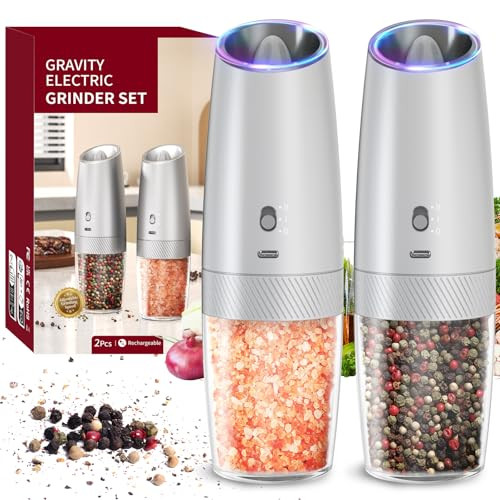 CIRCLE JOY Gravity Electric Salt and Pepper Grinder Set with 2-Speed, Rechargeable Salt and Pepper Grinder Set, Adjustable Coarseness, Whiet LED Light | Amazon (US)