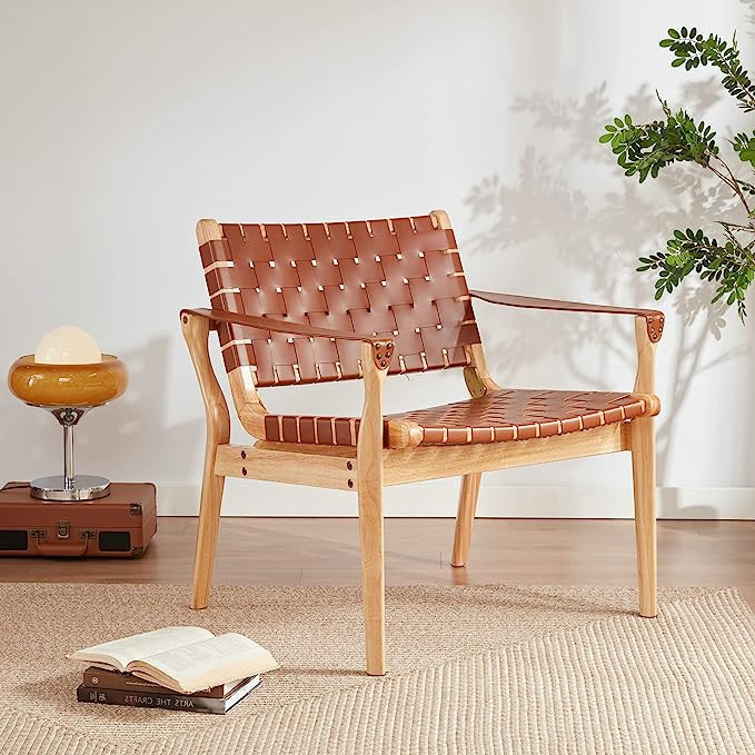Soohow Scandinavian Cognac Woven Leather Chair, Boho All Wood Oak Side Chairs Midcentury Modern A... | Amazon (US)