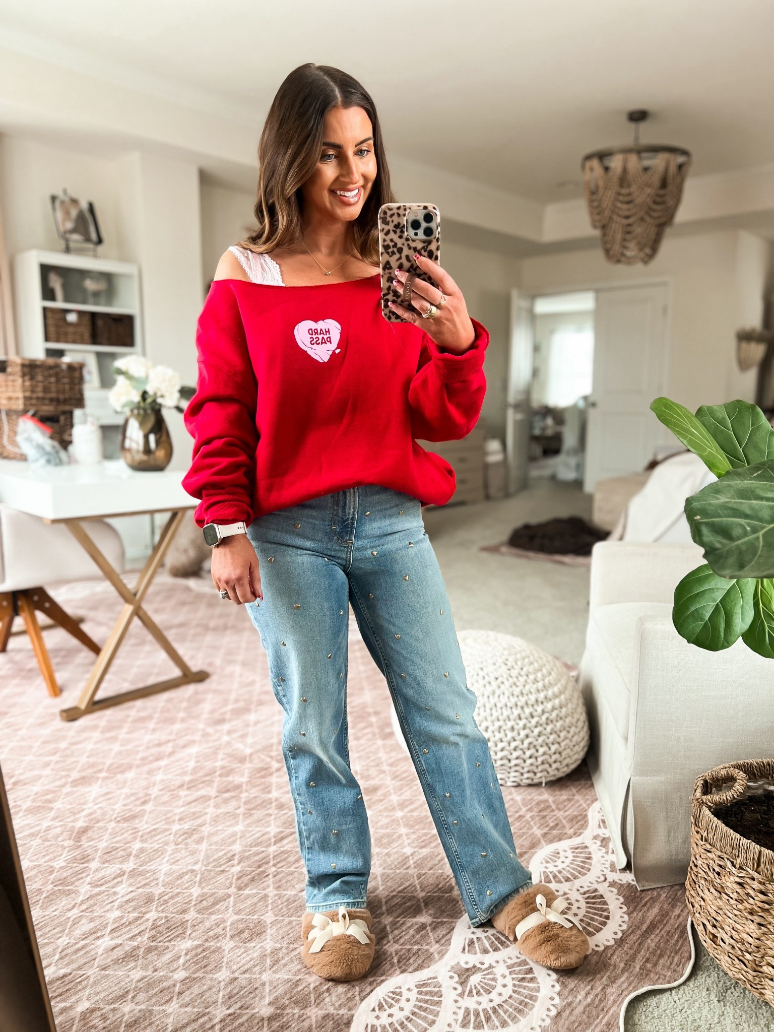 Red valentines day sweatshirt 
Gold heart embellished jeans 
Pink lace heart bralette 