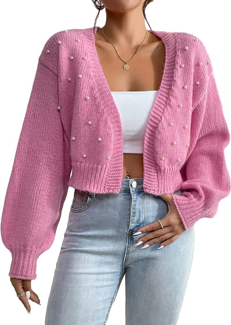 SHENHE Women's Pearl Beaded Open Front V Neck Drop Shoulder Cropped Cardigan Sweater Pink M at Am... | Amazon (US)