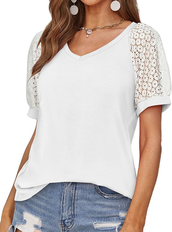 XIEERDUO Womens Lace Short Sleeve Blouses V Neck T Shirt Dressy Casual Tops | Amazon (US)