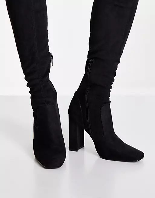 ASOS DESIGN Petite Kenni block-heeled over the knee boots in black | ASOS (Global)