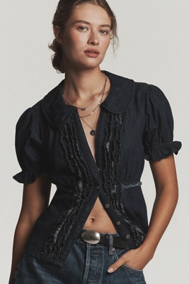 The Keira Denim Waisted Blouse by Pilcro | Anthropologie (US)