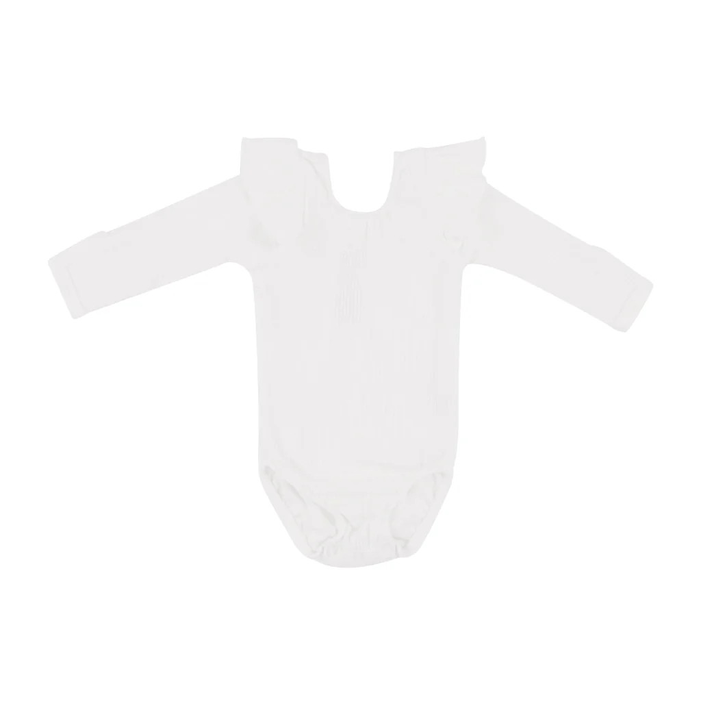 Ribbed Long Sleeve Ruffle Leotard in Cloud | Kyte BABY