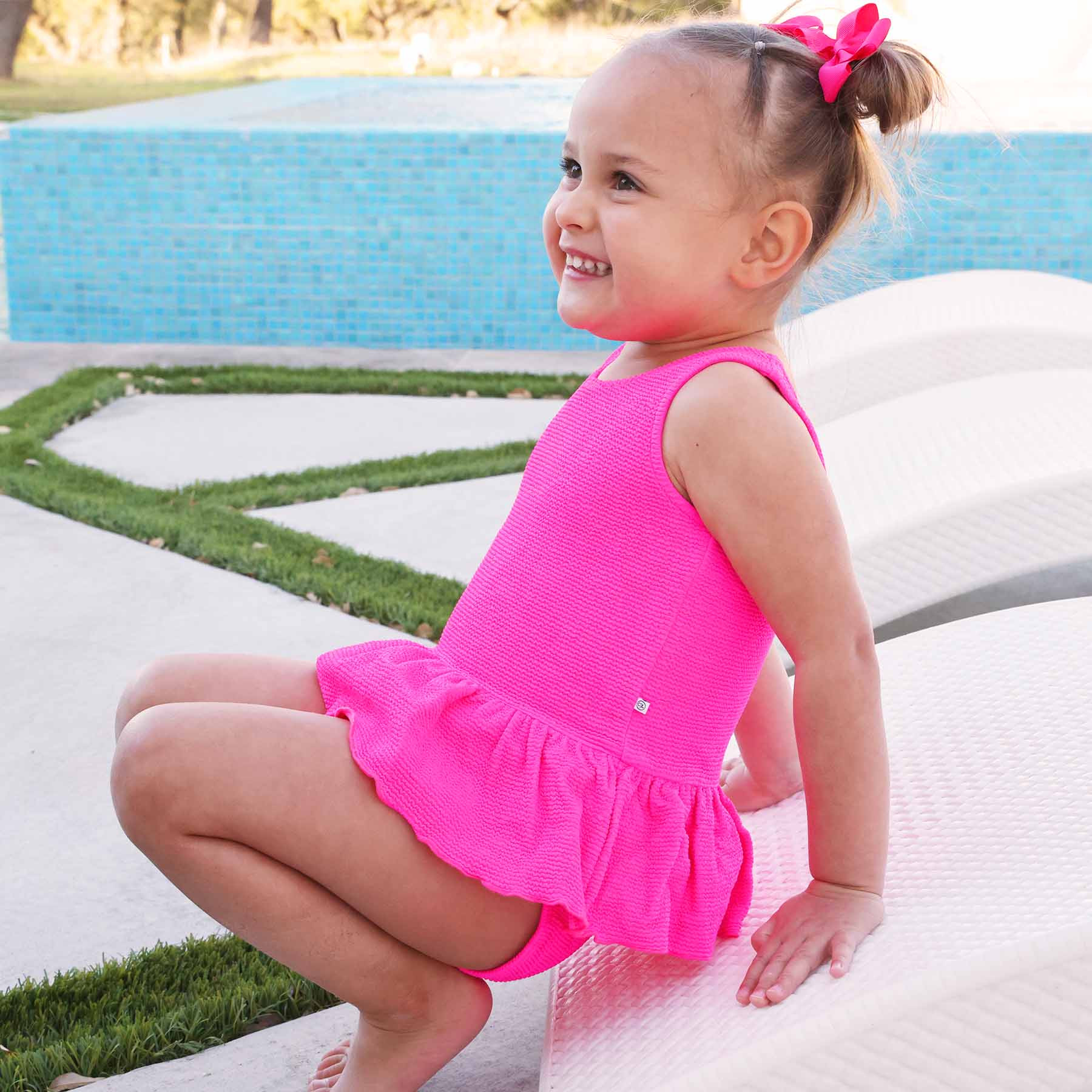 Crinkle One-Piece with Skirt | Neon Pink | Caden Lane