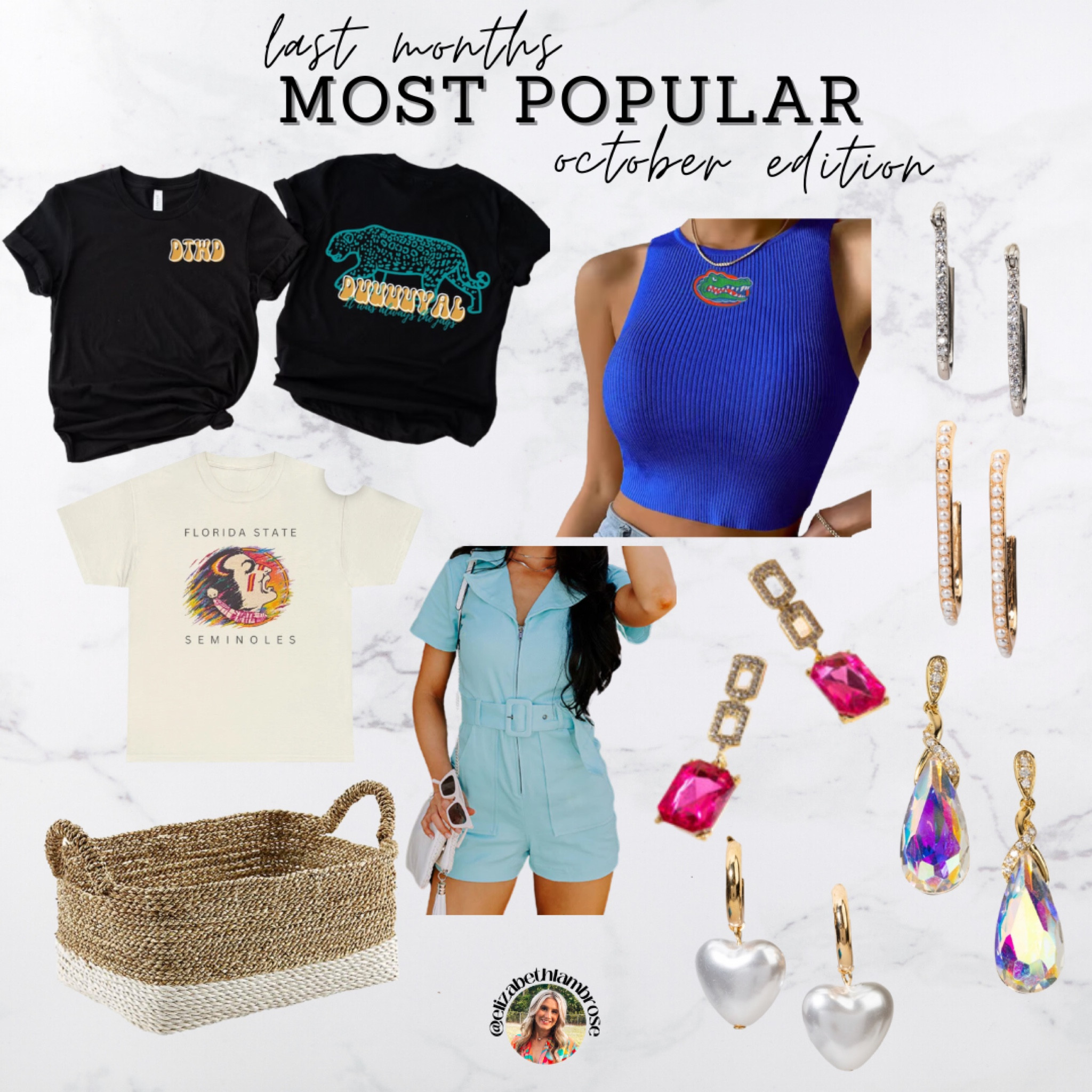 MOST POPULAR : OCTOBER!!
grab the rest of your college and NFL gear before the season is over!! 
cutest bin ever from the container store!! super affordable too! It would be a great addition to anyone’s storage arsenal!!
this romper has been so popular! I love mine!!
and of course Francesca’s earrings are a must have! right now they are 40% off so grab them while you can! 
I would also recommend subscribing to their email list to get their sale emails!!


#gators #uf #duval #jags #jacksonville #fsu #floridastate #florida #seminoles#romper #sunnies #amazon #earrings #huggies #dropearrings #storage #bin 

#LTKGiftGuide #LTKhome #LTKfindsunder50