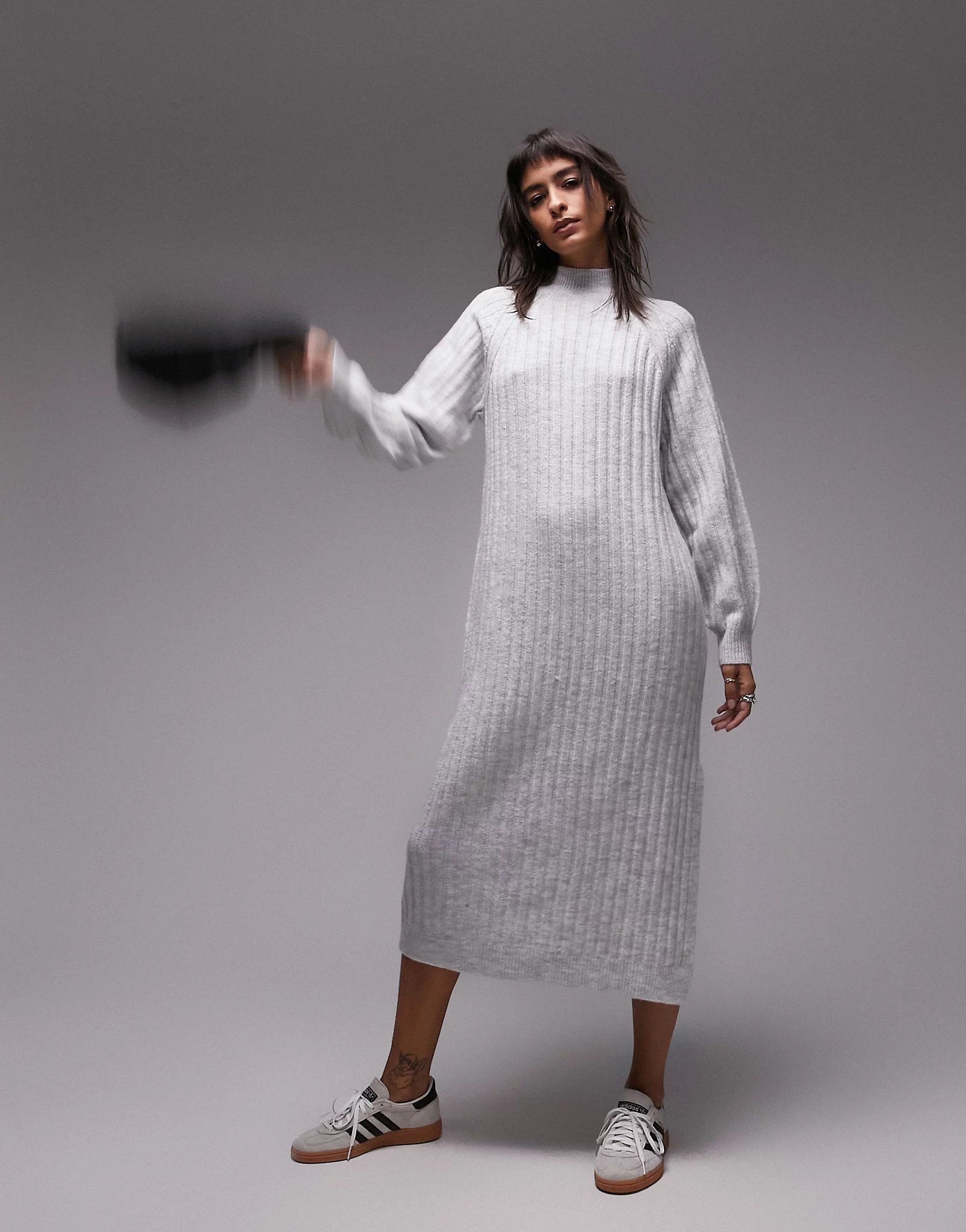 Topshop knit high neck wide rib midi dress in gray | ASOS | ASOS (Global)